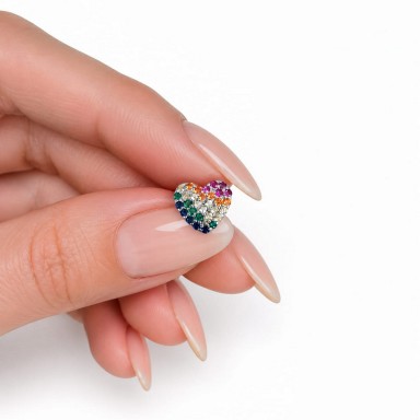 Mono orecchino singolo cuoricino con zirconi colorati in argento 925 rodiato