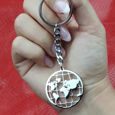 Keychain world parallel meridians in stainless steel