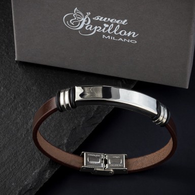 Brown leather bracelet in stainless steel