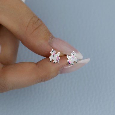Coppia di orecchini unicorno fuxia blu in argento 925