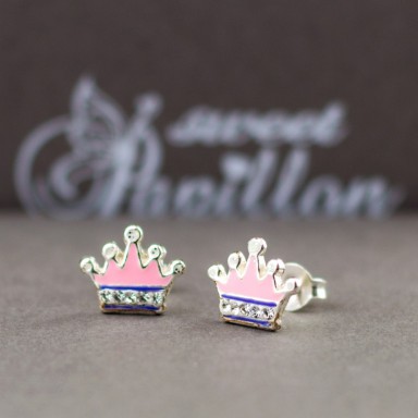 Pair of pink crystal crowns earrings in 925 silver