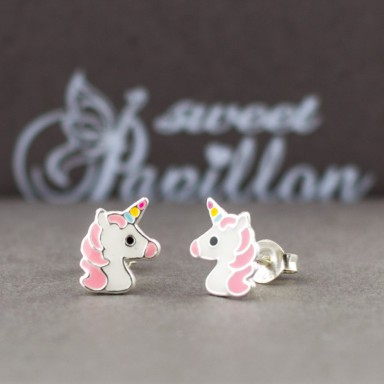 Coppia di orecchini testina unicorno rosa in argento 925