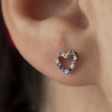 Rhodium-plated 925 silver heart earring with colored zircons
