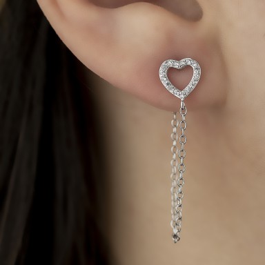 Single earring with heart in rhodium-finished 925 silver and pendant chain