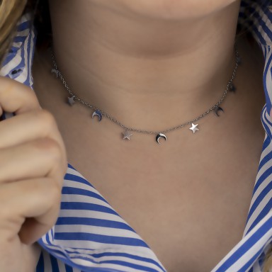 Necklace with stars and hanging moons INDIANA model in stainless steel