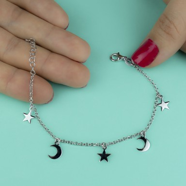 Bracciale con stelle e lune pendenti in argento 925 rodiato