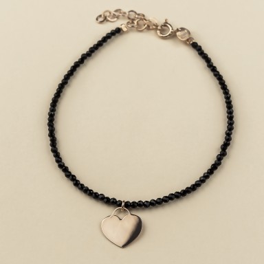 Bracelet with onyx crystals and pink gold plated 925 silver heart