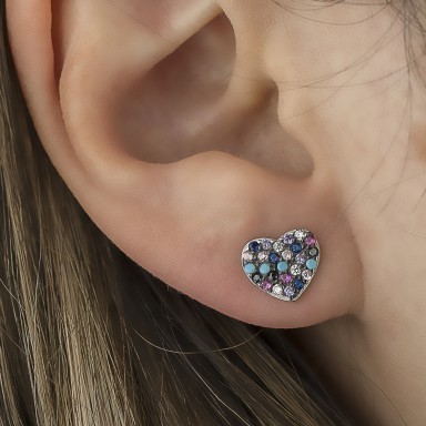 Single earring 925 silver heart with colored zircons