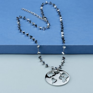 World necklace in stainless steel with silver crystal necklace