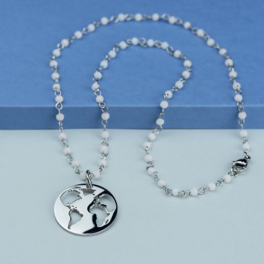 World necklace in stainless steel with white crystal necklace