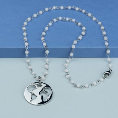 World necklace in stainless steel with white crystal necklace