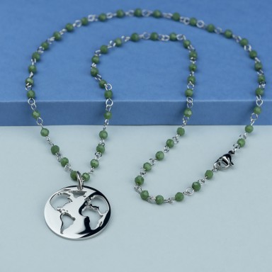 World necklace in stainless steel with green crystal necklace