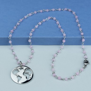 World necklace in stainless steel with pink crystal necklace