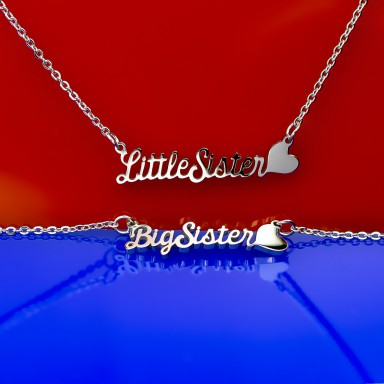 Pair of Little and Big Sister necklaces in stainless steel