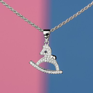 Rope necklace with rocking horse pendant in 925 silver with zircons