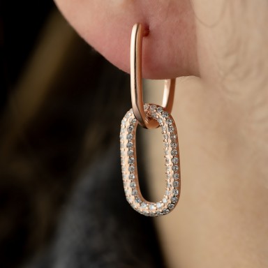 Rose gold plated 925 silver "paperclip" earring with white zircons