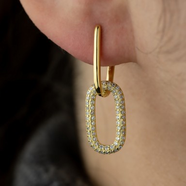 Gold plated 925 silver "paperclip" earring with white zircons