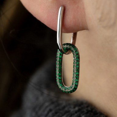 Rhodium 925 silver "paperclip" earring with green zircons