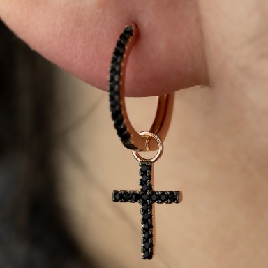 Single pink 925 silver hoop with black cross