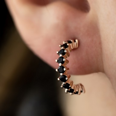 Single half lobe earring single circle 925 silver pink with black zircons