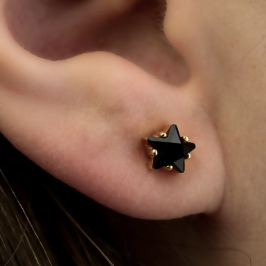 Single lobe earring 925 silver gold plated star and black zircon