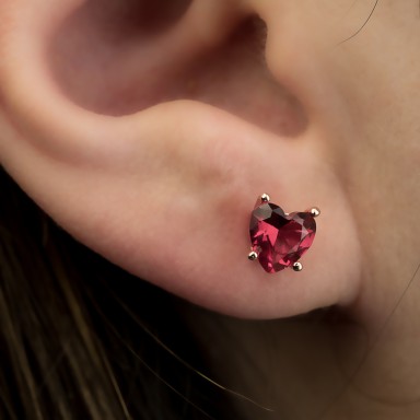 Single lobe earring 925 silver heart with red zircon