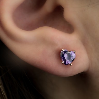 Single lobe earring 925 silver heart with lilac zircon