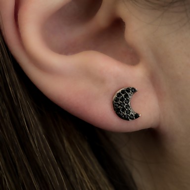 Single moon pavè earring with black zircons in 925 silver rose gold plated