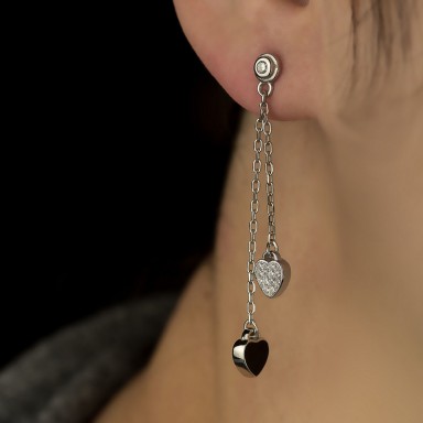 Single black heart pendant earring with zircons in rhodium-plated 925 silver