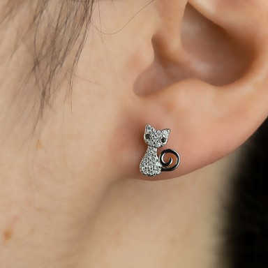 Single cat earring in 925 silver with zircon