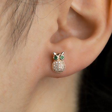 Single owl earring in rhodium plated 925 silver