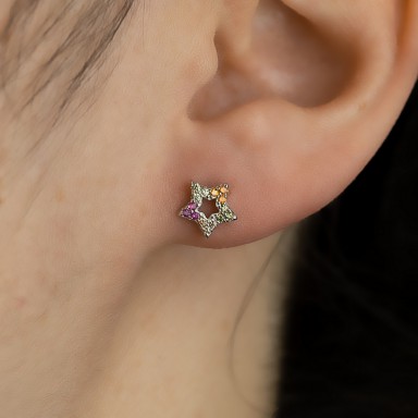 Single 925 silver star earring with rainbow zircons