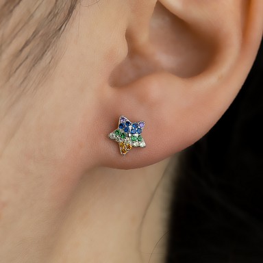 Rhodium-plated 925 silver star earring with colored zircons