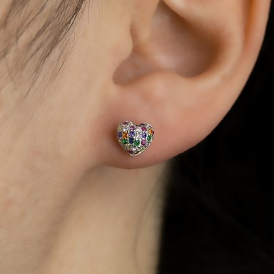 Rhodium-plated 925 silver heart earring with colored zircons