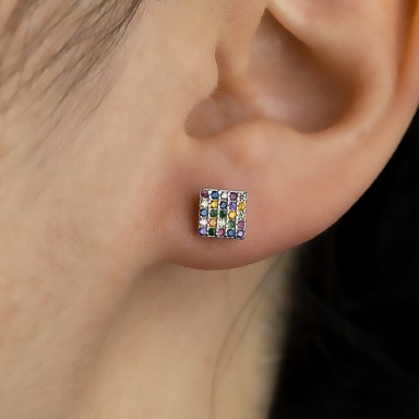 Rhodium-plated 925 silver bottom earring with colored zircons