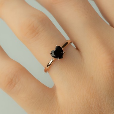 Adjustable heart ring in 925 silver rose gold plated black stone