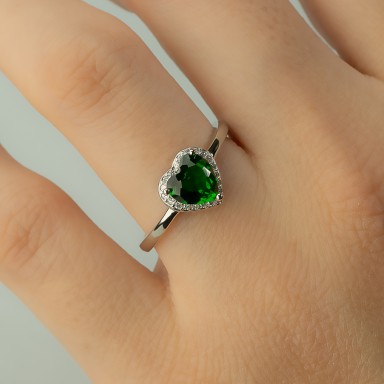 Adjustable heart ring "sailor style" in 925 silver rhodium plated green stone