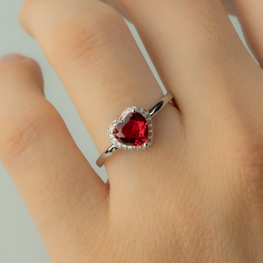 Adjustable heart ring "sailor style" in 925 silver rhodium plated red stone