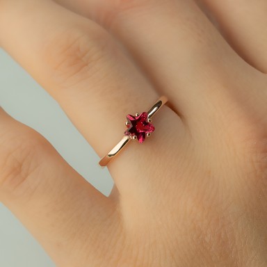 Adjustable star ring in 925 silver rose gold plated fuxia stone