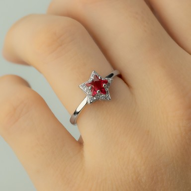 Adjustable fuxia star ring in 925 rhodium silver