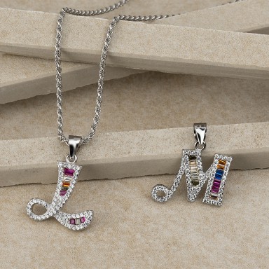 Rope necklace with initial in 925 silver with zircons