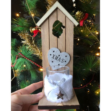 Porta candela casetta in legno cuore argento