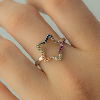 Adjustable star ring in 925 silver rhodium plated with rainbow zircons