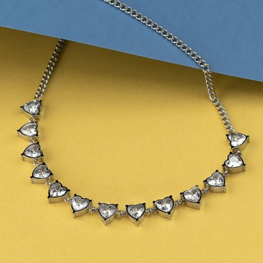 Stainless steel necklace with white heart-shaped zircons