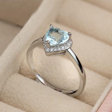 Adjustable heart ring "sailor style" in 925 silver rhodium plated light blue stone