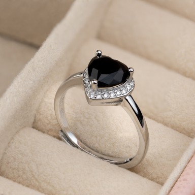 Adjustable heart ring "sailor style" in 925 silver rhodium plated black stone
