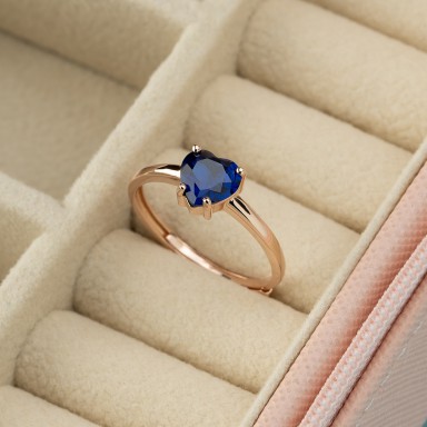 Adjustable heart ring in 925 silver rose gold plated blue stone