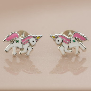 Coppia di orecchini unicorno rosa in argento 925