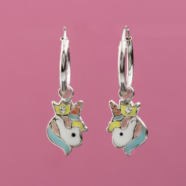 Pair of hoops with unicorn earrings in 925 silver