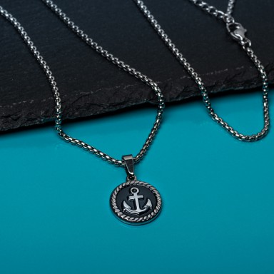 Collana uomo piastra tonda con ancora in acciaio inox